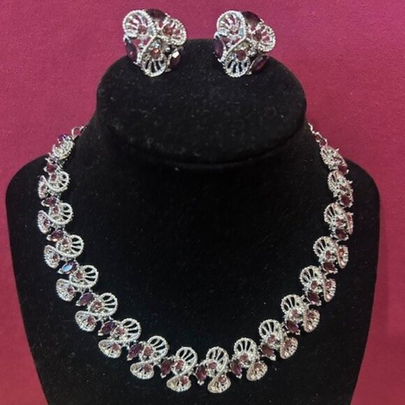 DODDS Purple Rhinestone Silver Link Statement NECKLACE/EARRINGS SET - Picture 1 of 11